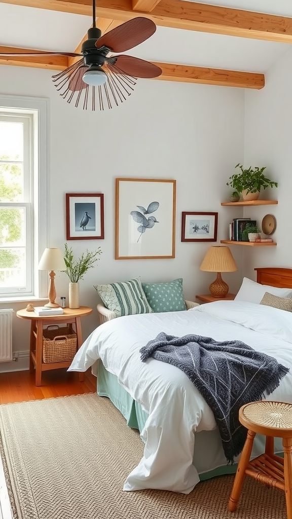 A Scandinavian-style bedroom featuring a mix of vintage and modern elements, with a cozy bed, wooden furniture, and tasteful decor.