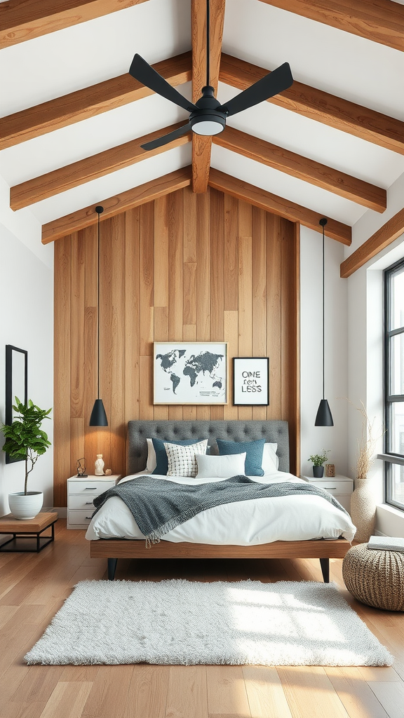 A modern rustic bedroom featuring wooden beams, a cozy bed, and stylish decor.