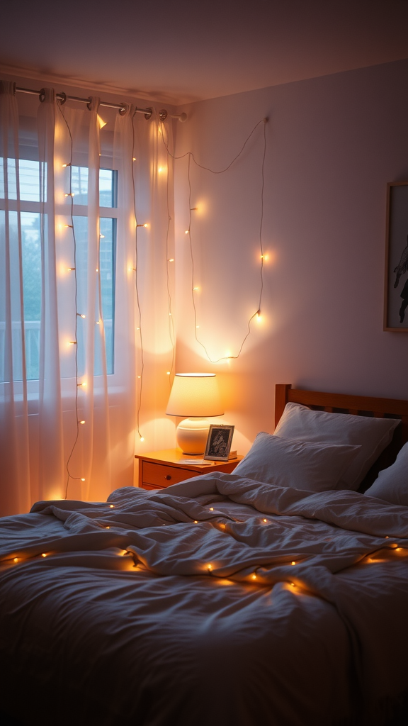 Cozy bedroom with string lights and warm ambiance