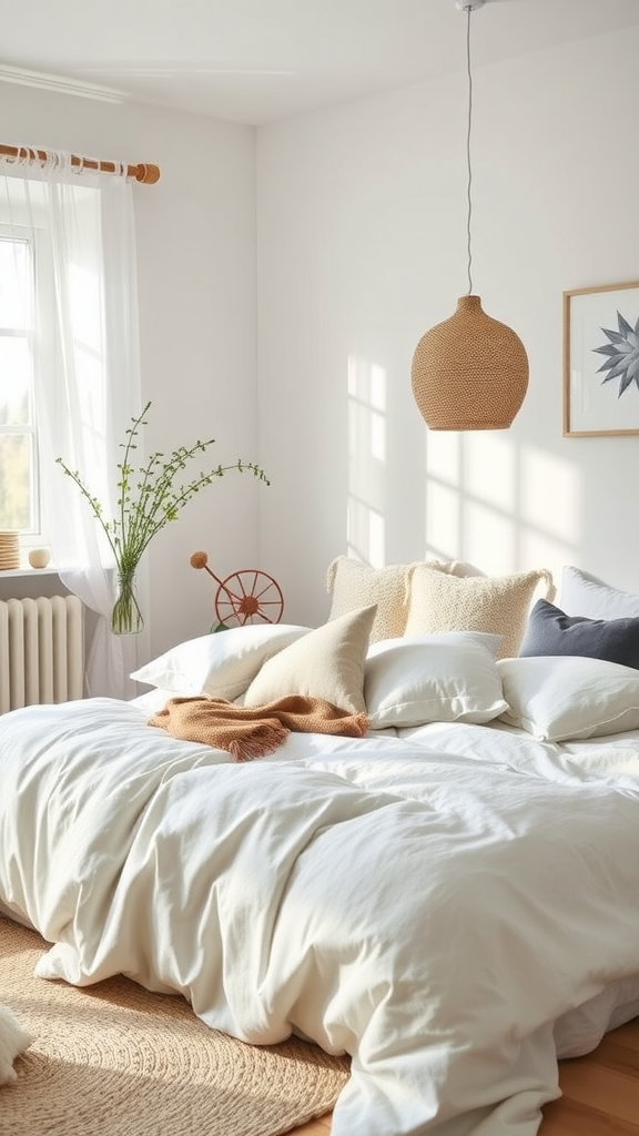 A Scandinavian-style bedroom featuring natural textiles, warm colors, and a cozy atmosphere.