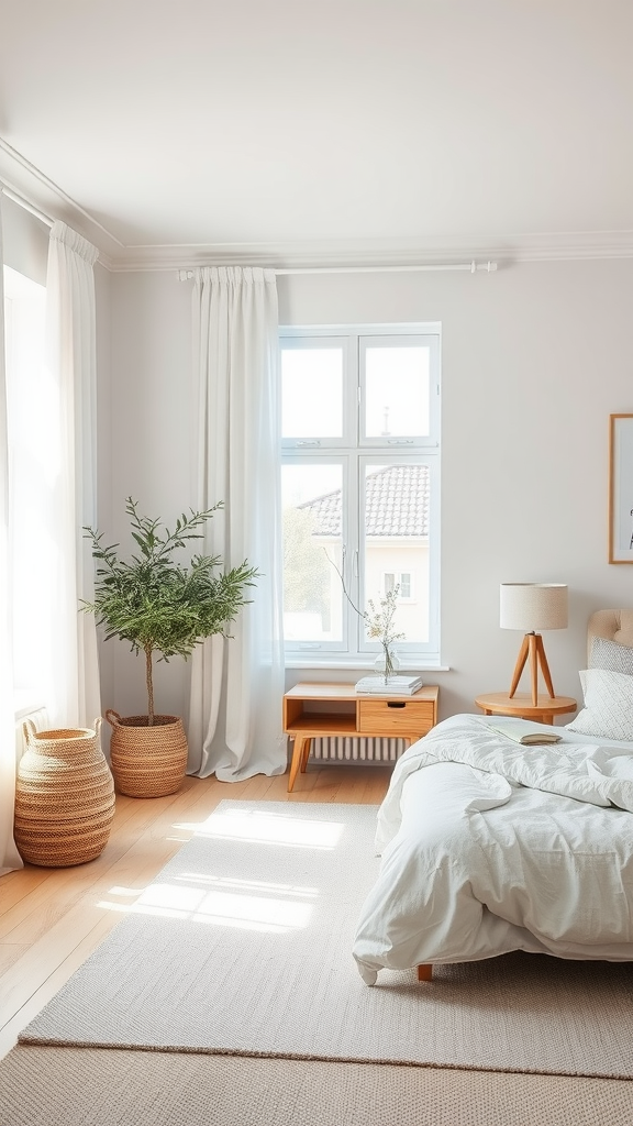 A bright Scandinavian bedroom with neutral colors and natural elements.