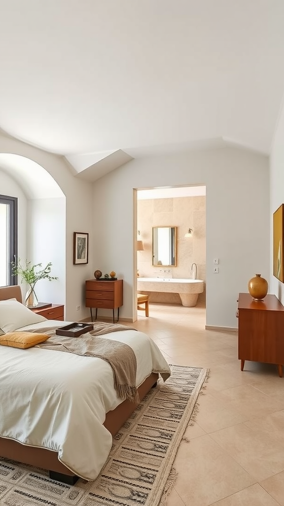 A modern Italian bedroom with open floor plan, featuring soft colors and sleek furniture.