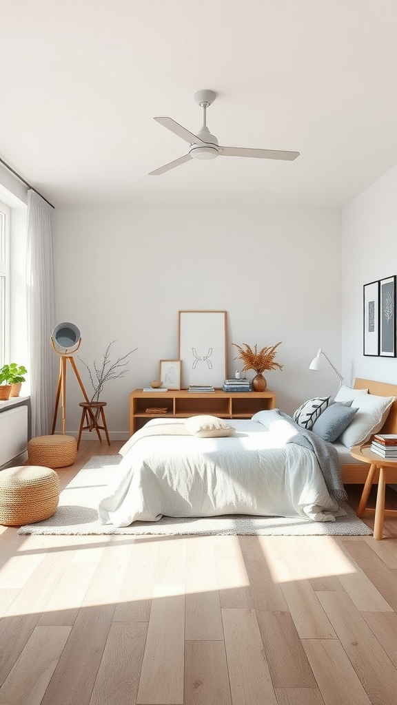 A bright and airy Scandinavian-style bedroom with light wood flooring and minimal decor.