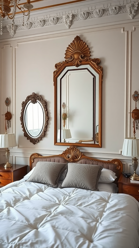 An ornate Art Deco bedroom featuring decorative mirrors and a stylish bed.