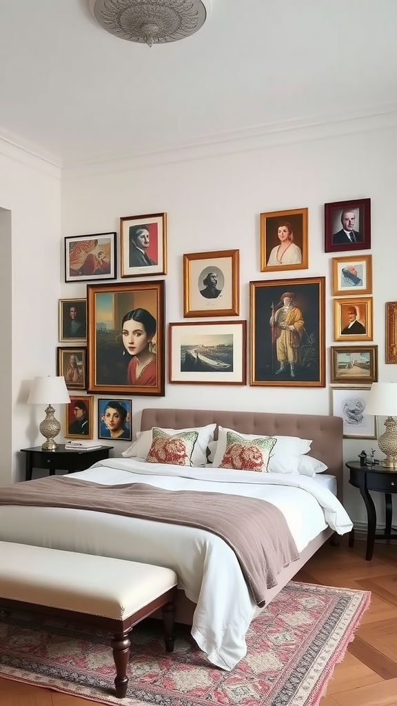 A modern Italian bedroom featuring a gallery wall of framed portraits and a neatly made bed