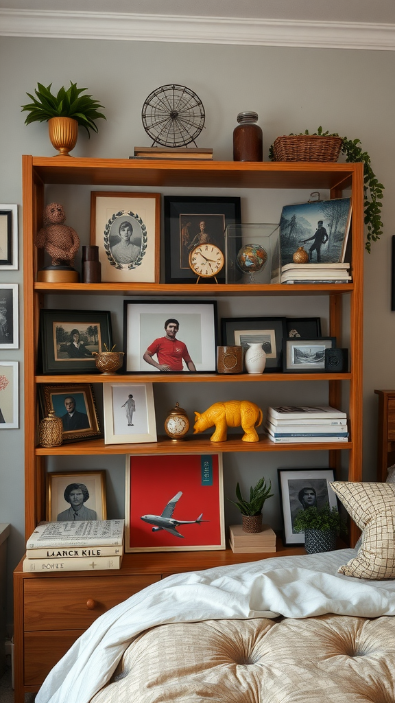 A personalized collectibles display in a cozy bedroom, featuring framed photos, decorative objects, and plants on a wooden shelf.