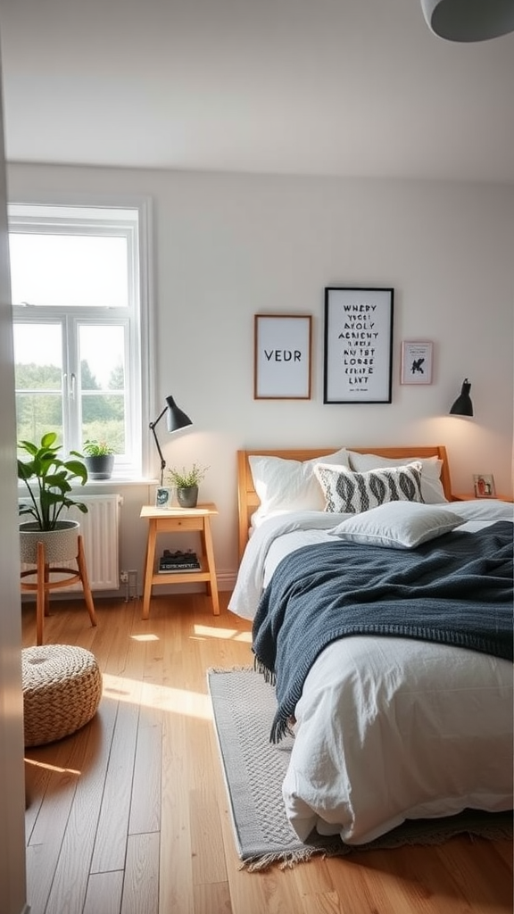 A cozy Scandinavian bedroom featuring a wooden bed, decorative pillows, and framed art on the walls.