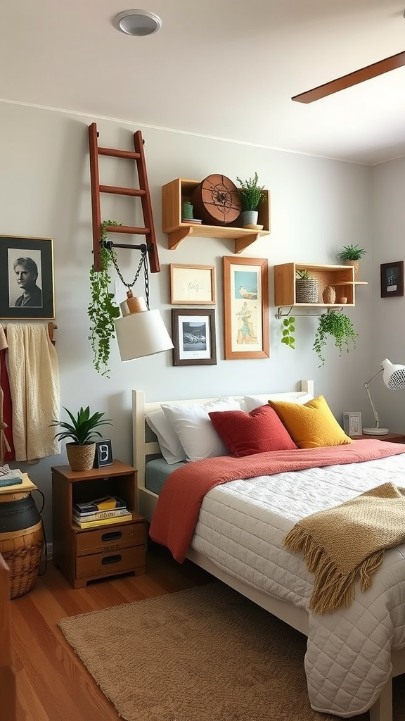 An eclectic bedroom featuring repurposed decor items like a ladder shelf, wooden crates, and framed art.