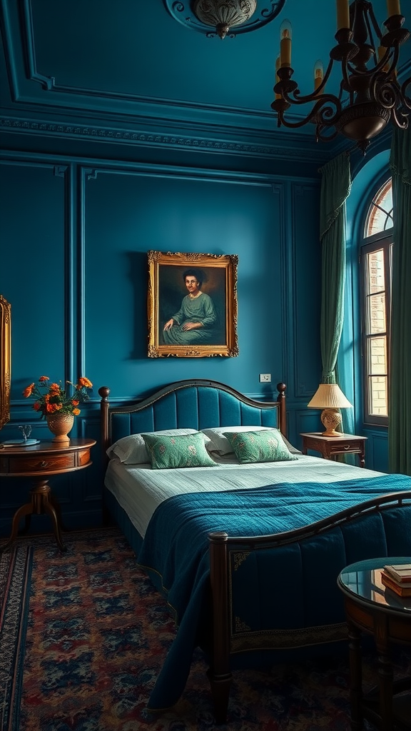 A richly colored Italian bedroom featuring deep blue walls, classic artwork, and elegant furnishings.