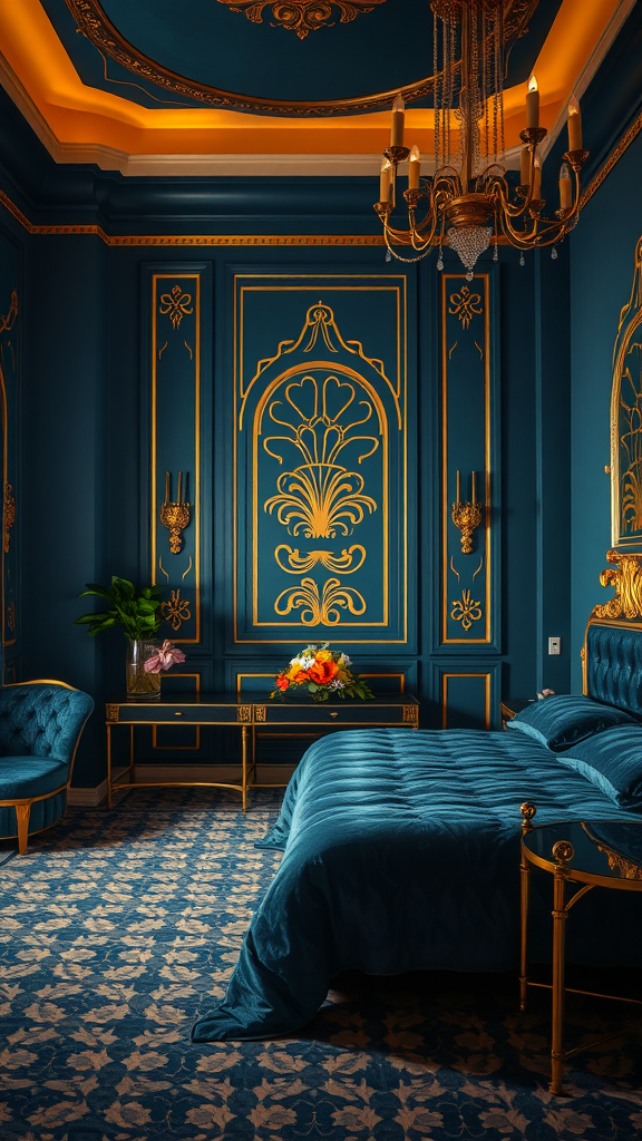 Luxurious Art Deco bedroom featuring deep teal walls with gold details, plush bedding, and elegant furniture.