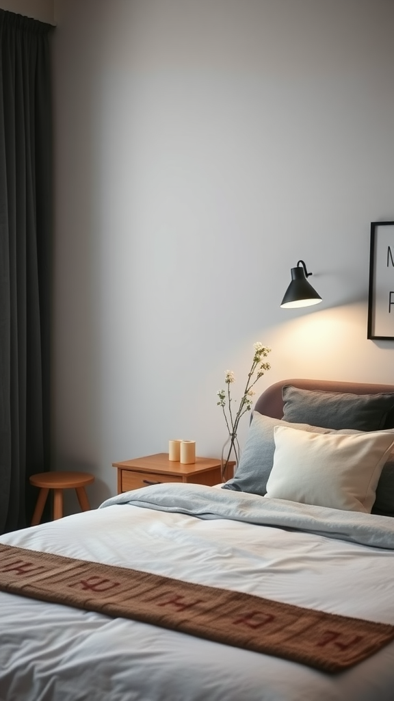 A Scandinavian-inspired bedroom featuring soft bedding, a stylish lamp, and a warm color palette.