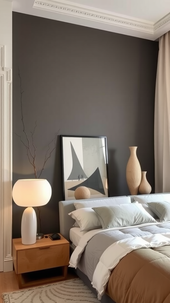 A modern Italian bedroom featuring sculptural accent pieces, including vases and artwork, with a cozy bed and soft lighting.