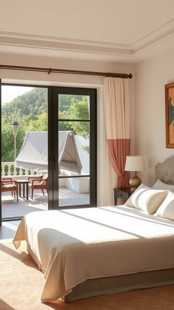A sleek modern Italian bedroom with large glass doors leading to an outdoor seating area, featuring soft colors and natural light.