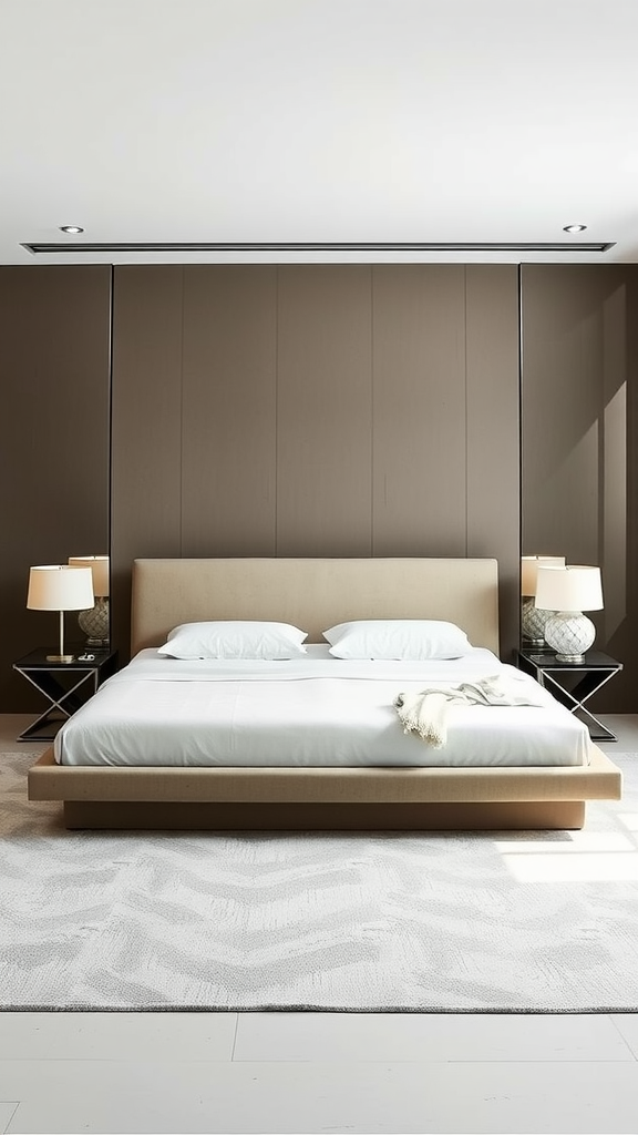 A modern Italian bedroom featuring a minimalist bed, stylish nightstands, soft lighting, and a textured rug.
