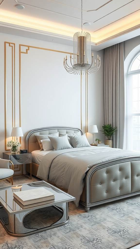 An elegant Art Deco style bedroom featuring sleek metallic finishes, a luxurious bed, and a stunning chandelier.