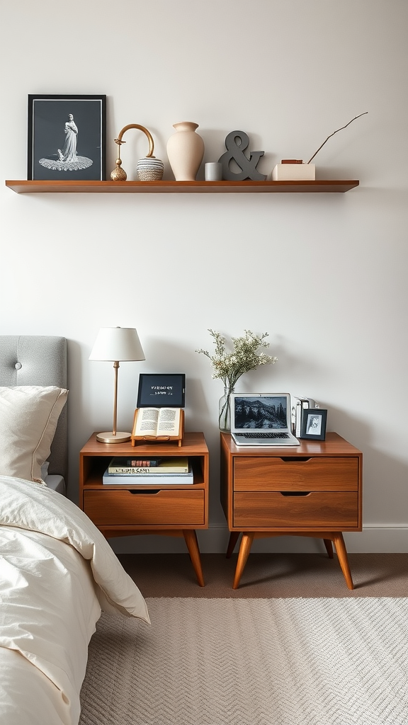 Stylish Scandinavian bedroom featuring sleek wooden nightstands with personal decor