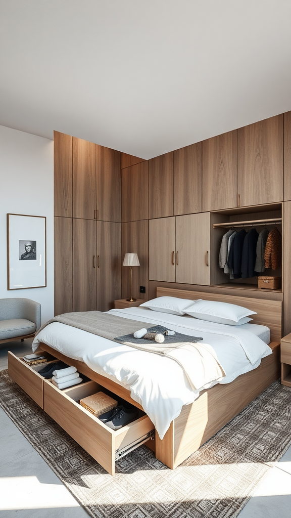 A modern Italian bedroom with wooden furniture, built-in storage, and a cozy atmosphere.