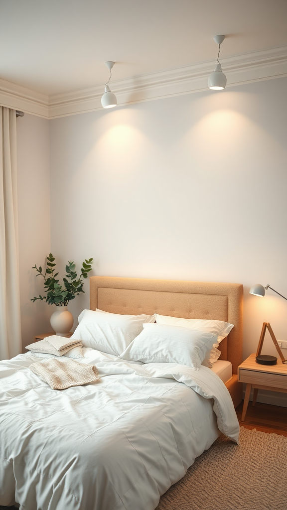 A well-lit Scandinavian bedroom with soft lighting, featuring a cozy bed and greenery.