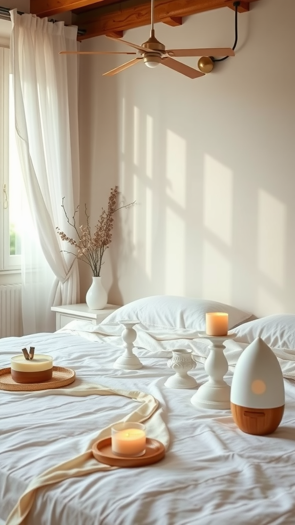 A serene modern Italian bedroom featuring candles and a diffuser, promoting a soothing atmosphere.