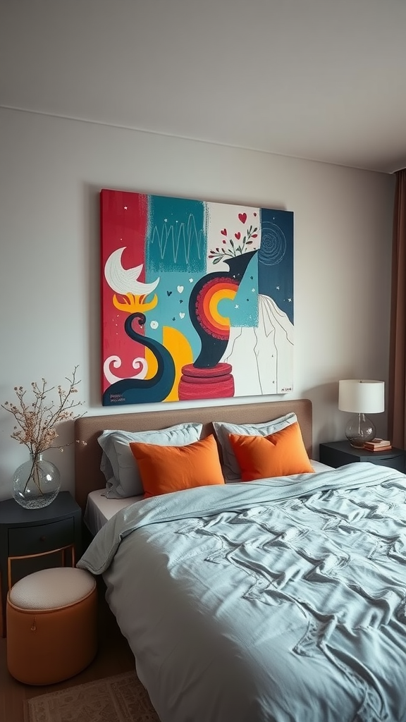 An eclectic bedroom featuring a bold and colorful art piece above the bed, with orange pillows and a modern design.