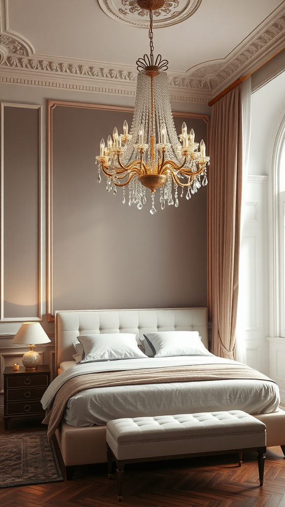 An elegant chandelier hanging over a modern Italian bedroom with soft bedding and warm lighting.