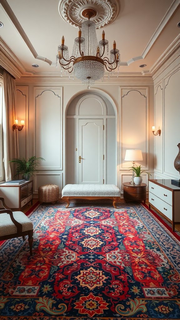 An elegant room featuring a vibrant, patterned rug, chandelier, and stylish furniture.