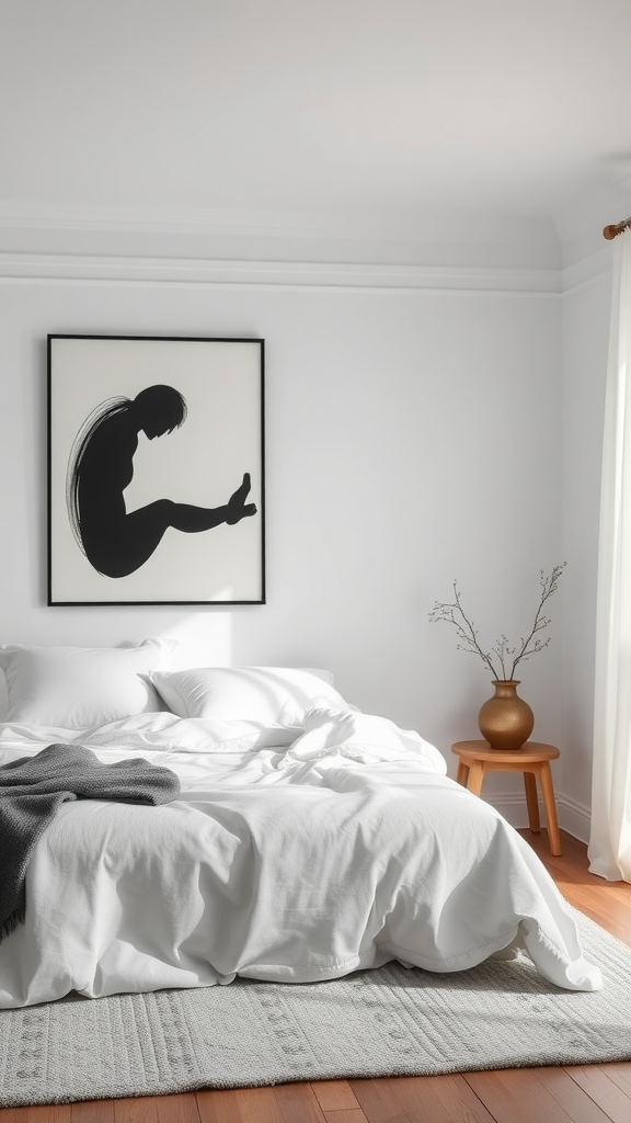 A cozy Scandinavian bedroom featuring a bold silhouette wall art piece, white bedding, and warm wooden accents.