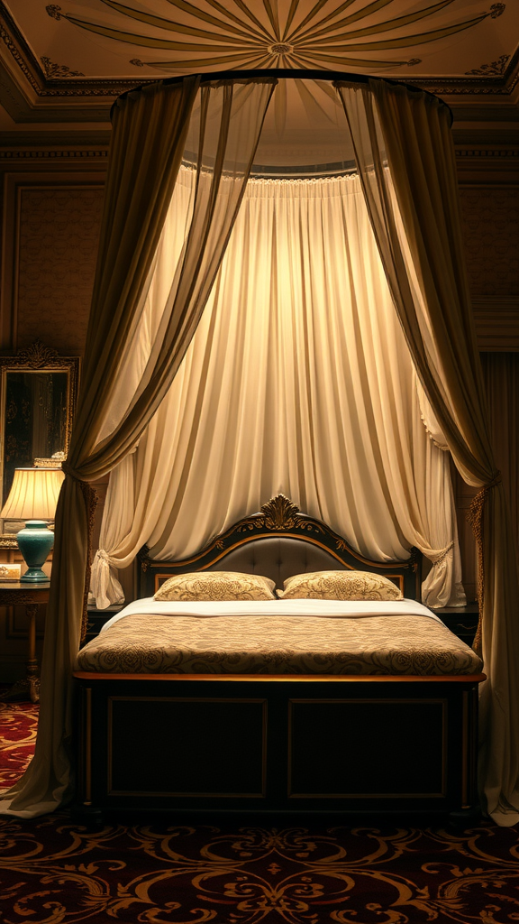 A stylish canopy bed with flowing drapes and elegant decor in an Art Deco setting.