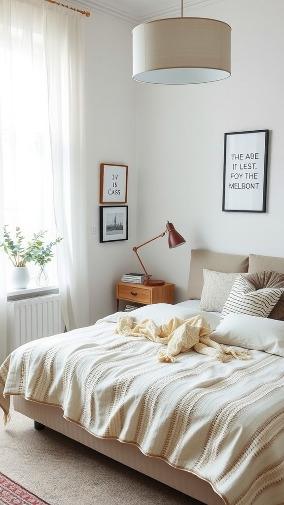A cozy Scandinavian bedroom featuring patterned decor and soft textures.