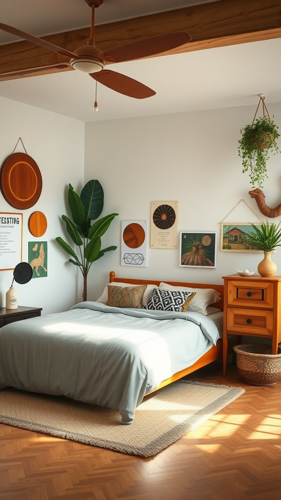 A cozy bedroom featuring sustainable decor with wooden furniture, plants, and eclectic artwork.