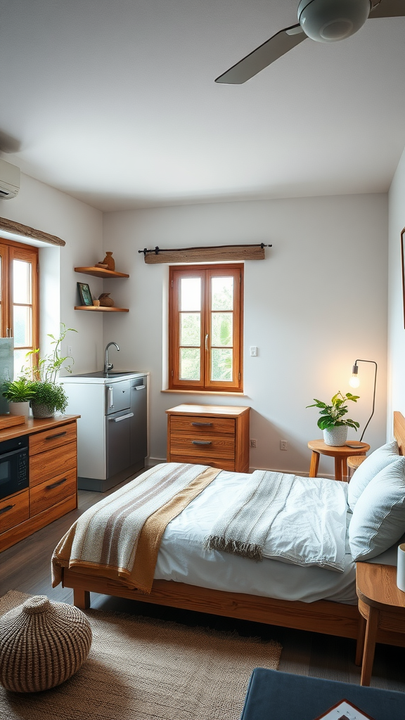 A cozy, modern Italian bedroom with wooden furniture, large windows, and plants, emphasizing sustainable design elements.