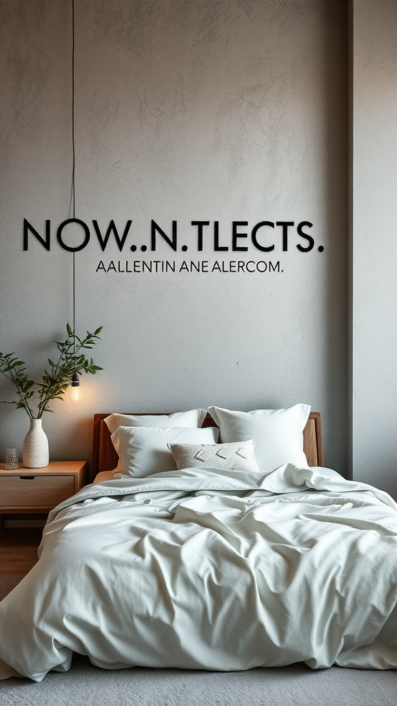 A Scandinavian bedroom featuring a textured accent wall, a cozy bed with white linens, and warm lighting.