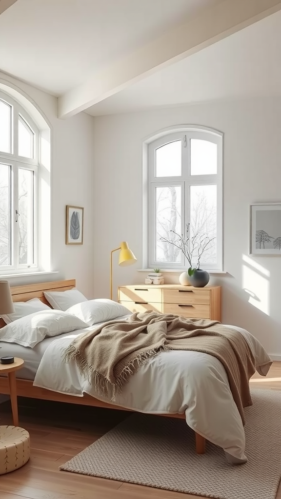 A cozy Scandinavian bedroom with large windows, wooden furniture, and neutral colors.