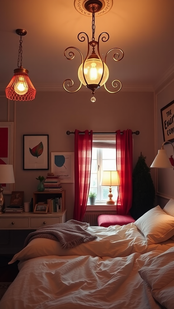 An eclectic bedroom with unique lighting fixtures, showcasing pendant lights and a decorative ceiling light.