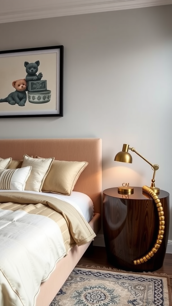 Art Deco bedroom featuring a unique nightstand with a gold lamp