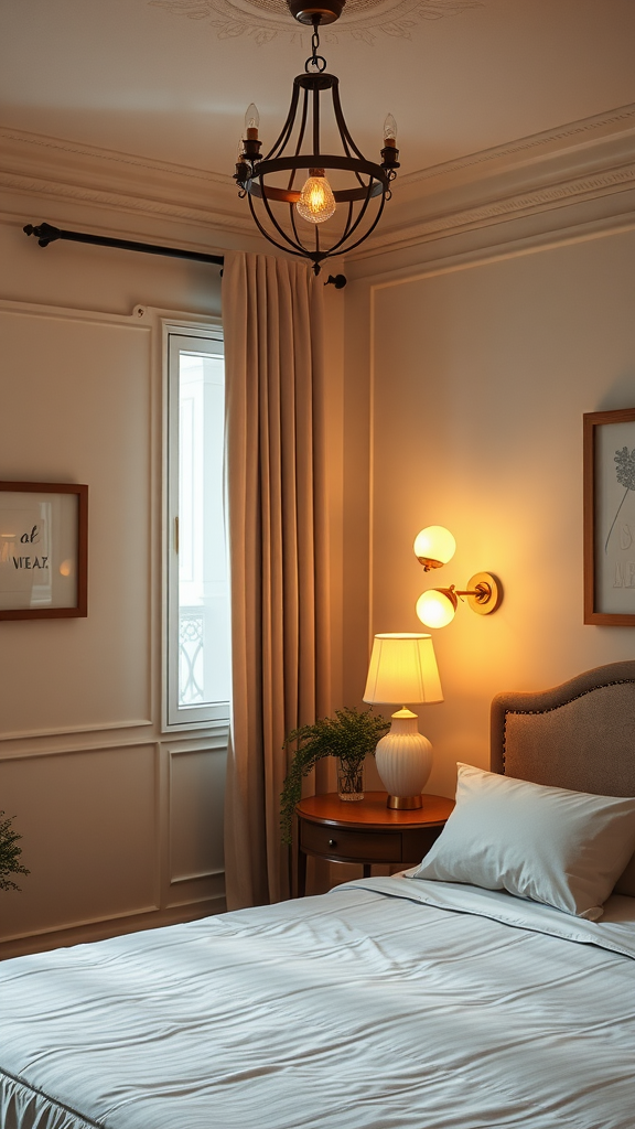 A cozy bedroom featuring vintage-inspired lighting fixtures, including a chandelier and bedside lamp, creating a warm and inviting atmosphere.