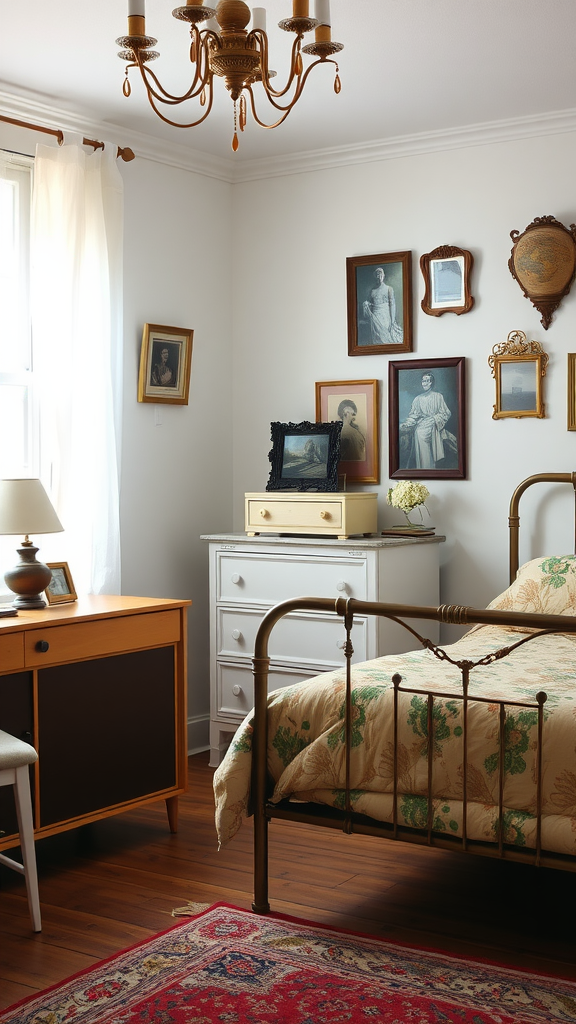 A cozy vintage bedroom featuring a metal bed frame, wooden furniture, and vintage wall art.
