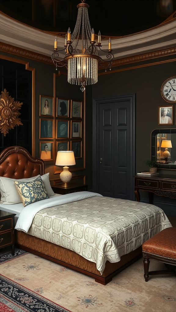 A vintage-inspired Art Deco bedroom featuring a plush bed, elegant chandelier, and rich decor.