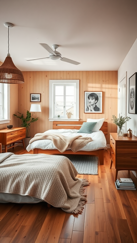 A cozy Scandinavian bedroom with warm wood accents and soft textiles.
